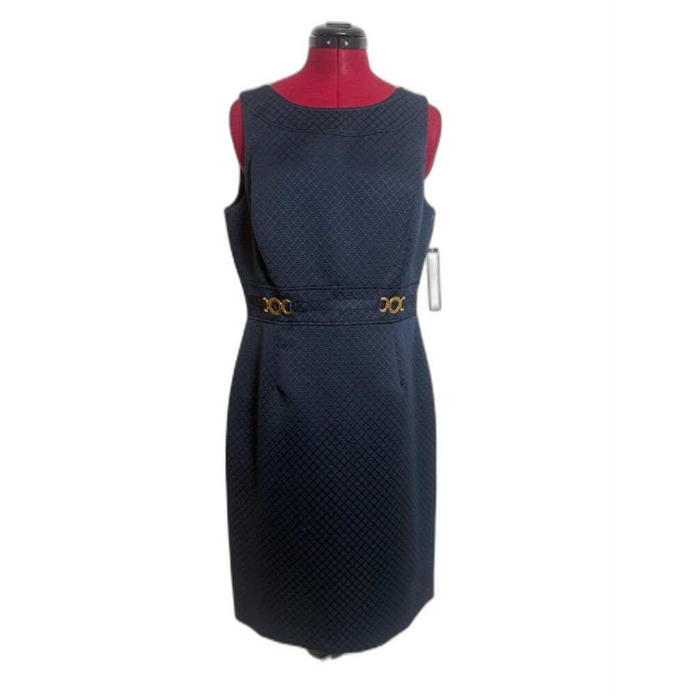 NWT Tahari ASL Sheath Dress Size 10 Navy Blue Textured Sleeveless Gold Hardware